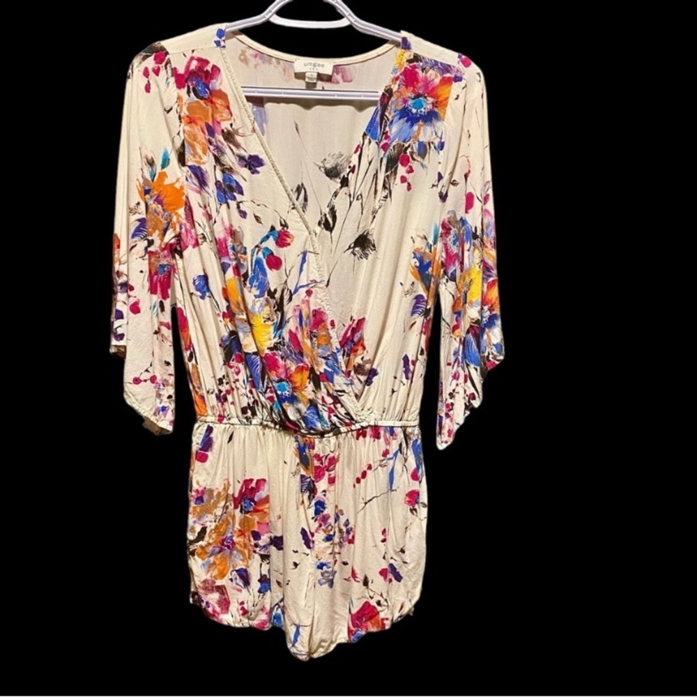 Umgee Colorful Floral Romper 3/4 Bell Sleeve, Elastic Waist, Faux Wrap. Size S